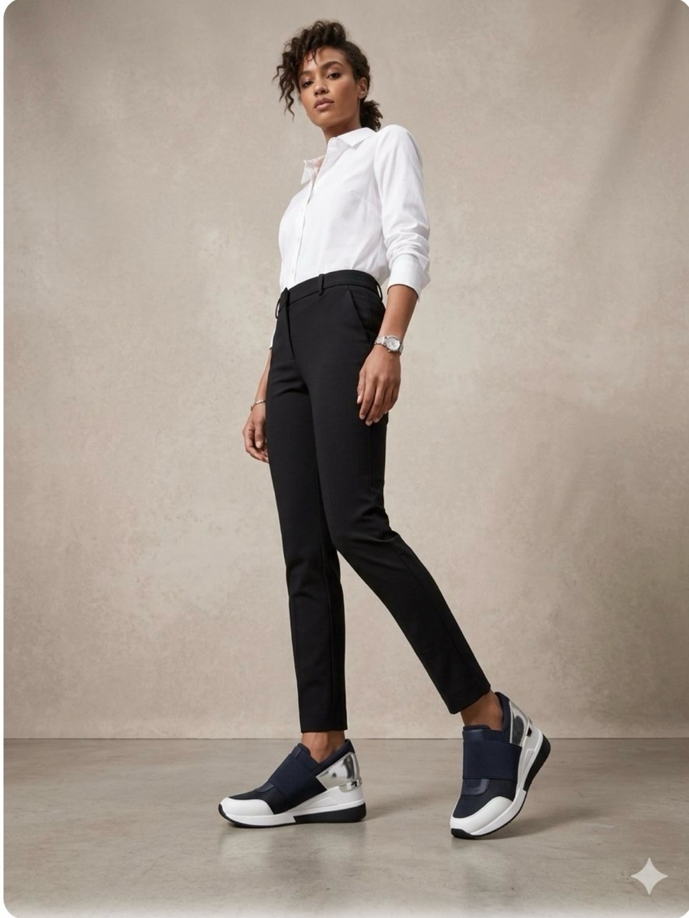 Michael Kors Felix Slip-On Wedge Sneakers - Navy, White & Silver - Size 9